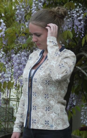 Elegant flower Printed Cardigan in Warm Sand from Piece of Blue on model.