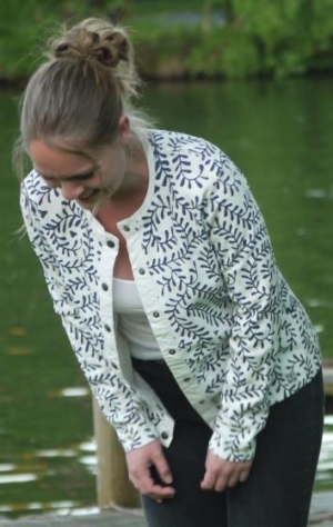 White Cardigan with Print in Dark Blue all over from Piece of Blue on model