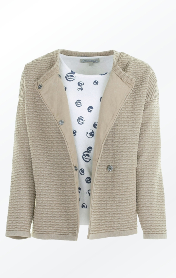 Knit Jacket in Warm Sand color with Oversized Shoulders for Women from Piece of Blue. Open Jacket