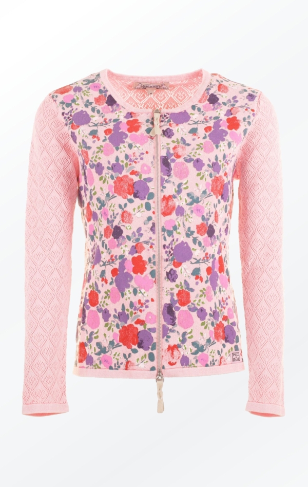 Feminine Rose Colored flower Printed Cardigan for Women from Piece of Blue