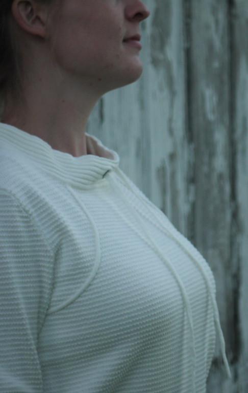 White Pullover in Feminine Knit Pattern for Her from Piece of Blue on model