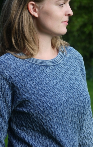 Elegant Light Indigo Blue Pullover in Pretty Knit Pattern from Piece of Blue. On model.