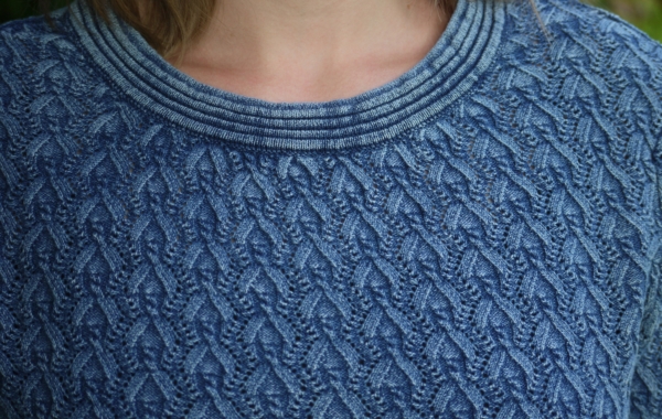Elegant Light Indigo Blue Pullover in Pretty Knit Pattern from Piece of Blue. Close up.