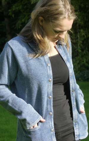 Classic Light Indigo Blue Cardigan with Collar for Women from Piece of Blue. On model 1.