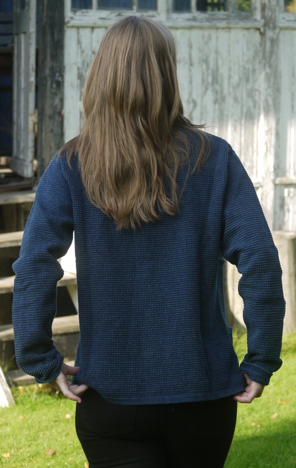 Classic Dark Indigo Blue Cardigan with Collar for Women from Piece of Blue. On model. Back.