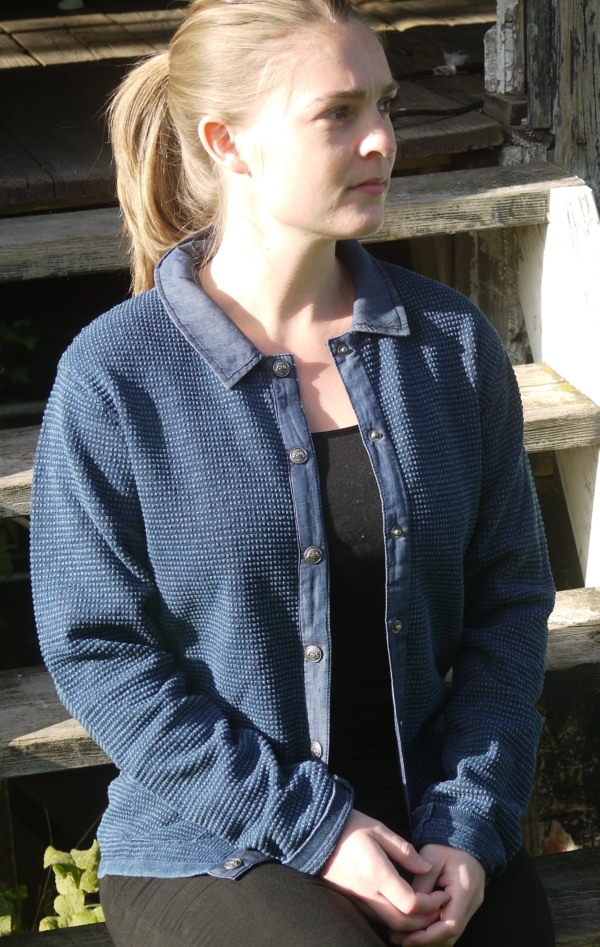 Classic Dark Indigo Blue Cardigan with Collar for Women from Piece of Blue. On model.