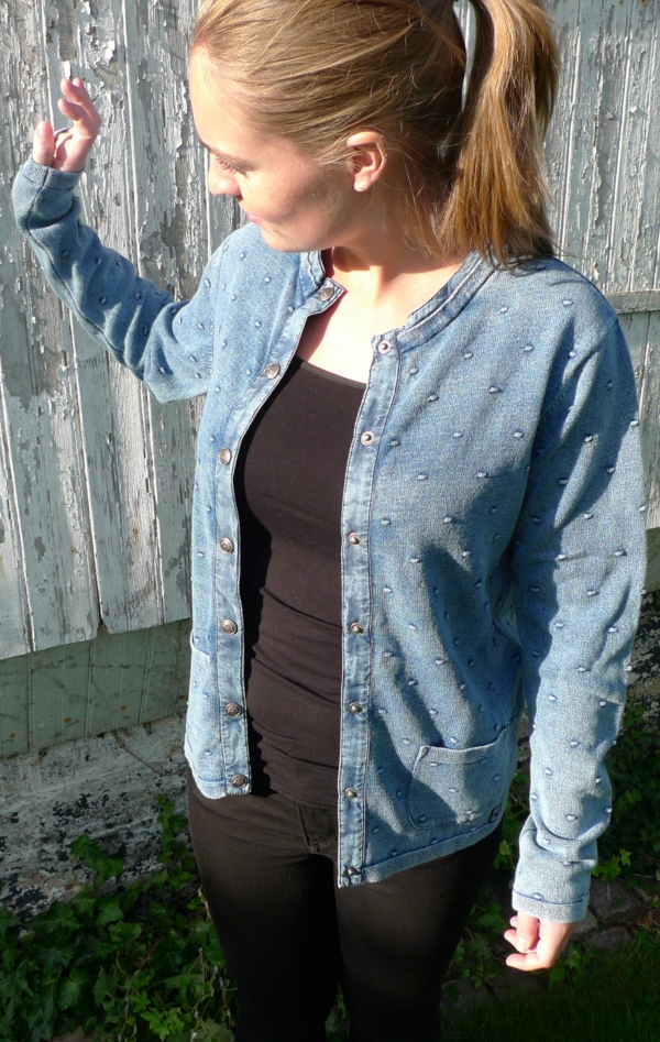 Light Indigo Blue Cardigan with Knitted Dot Pattern for Women from Piece of Blue. On model.