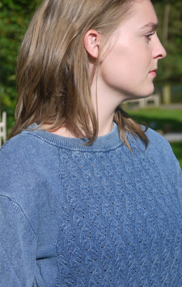 Simple and Elegant Light Indigo Blue O-Neck Pullover for Women from Piece of Blue. On model.