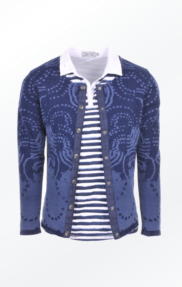 Indigo Blue laser Printed Cardigan for Women over a striped t-shirt from Piece of Blue