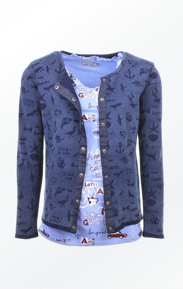 Pretty Indigo Blue laser Printed Cardigan with a t-shirt for Women from Piece of Blue