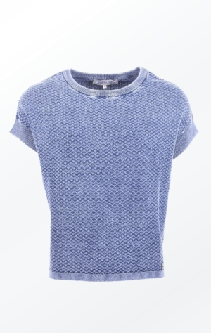 Feminine Short-Sleeved Indigo Blue Knitted Pullover for Women from Piece of Blue