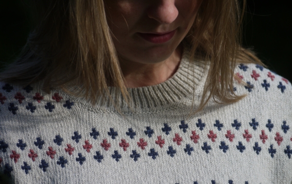 Relaxed Long Off-White Pullover With Stripes for Women from Piece of Blue. Close up.
