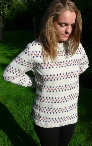 Relaxed Long Off-White Pullover With Stripes for Women from Piece of Blue. On model.