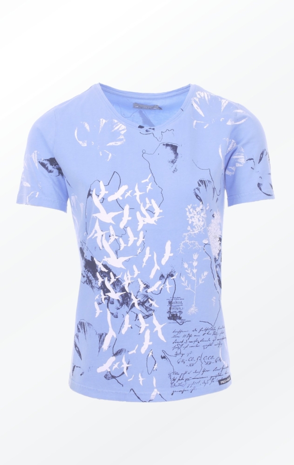Blue Hand-Printed T-shirt with Pretty Print from Piece of Blue.