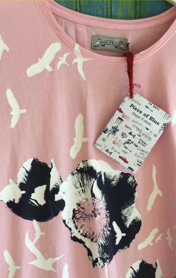 Rose Hand-Printed T-shirt with Pretty Print from Piece of Blue. Close up 2.