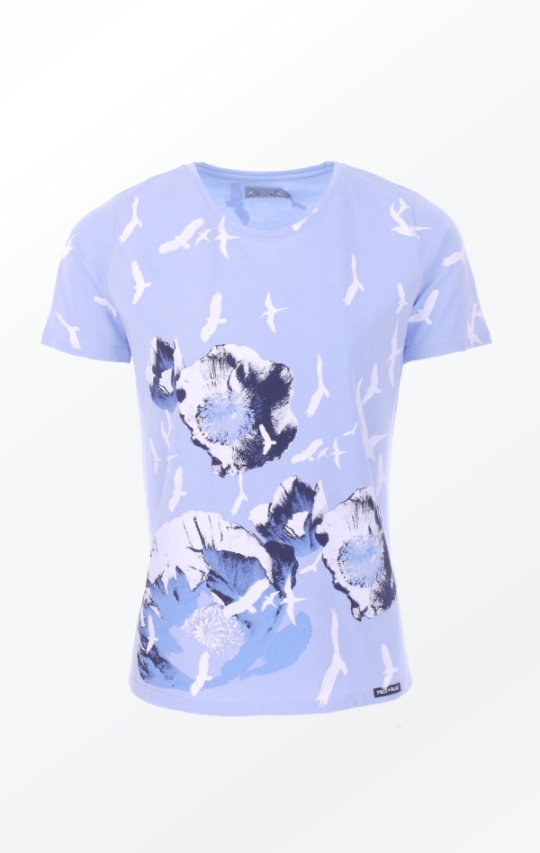 Blue Hand-Printed T-shirt with Pretty Print from Piece of Blue.