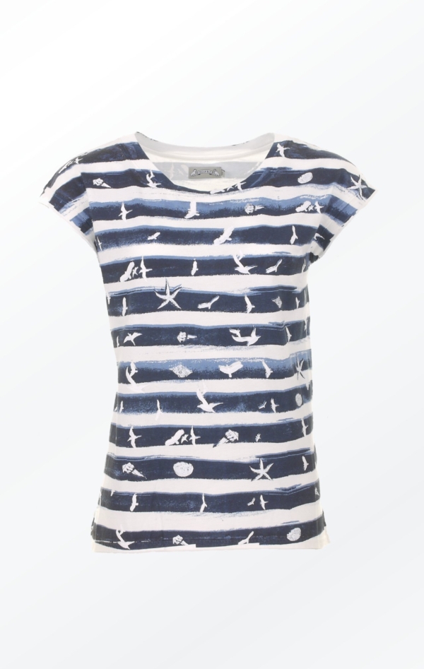 Handprinted Marine Blue and White T-shirt with and extra Pretty Print of birds and shells for Women from Piece of Blue