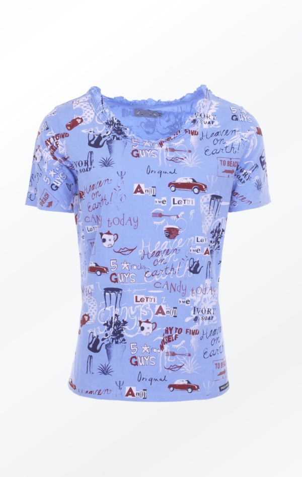 Blue Hand-Printed T-shirt with a Happy Print for Women from Piece of Blue
