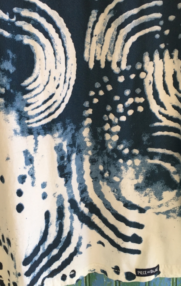 Marine Blue and White Cotton T-shirt with Print for Women from Piece of Blue. Close up.