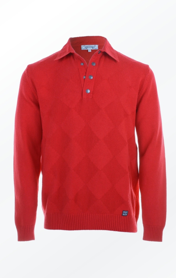 Red V-neck Pullover Knitted in a Diamond Pattern for Him from Piece of Blue