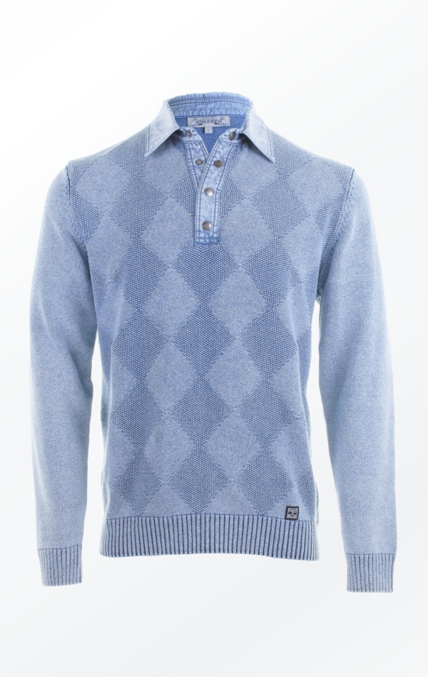 Blue V-neck Pullover Knitted in a Diamond Pattern for Him from Piece of Blue