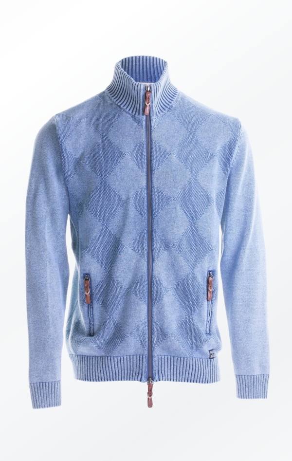 Knitted Cardigan in Light Indigo Blue with a high Collar for Men from Piece of Blue