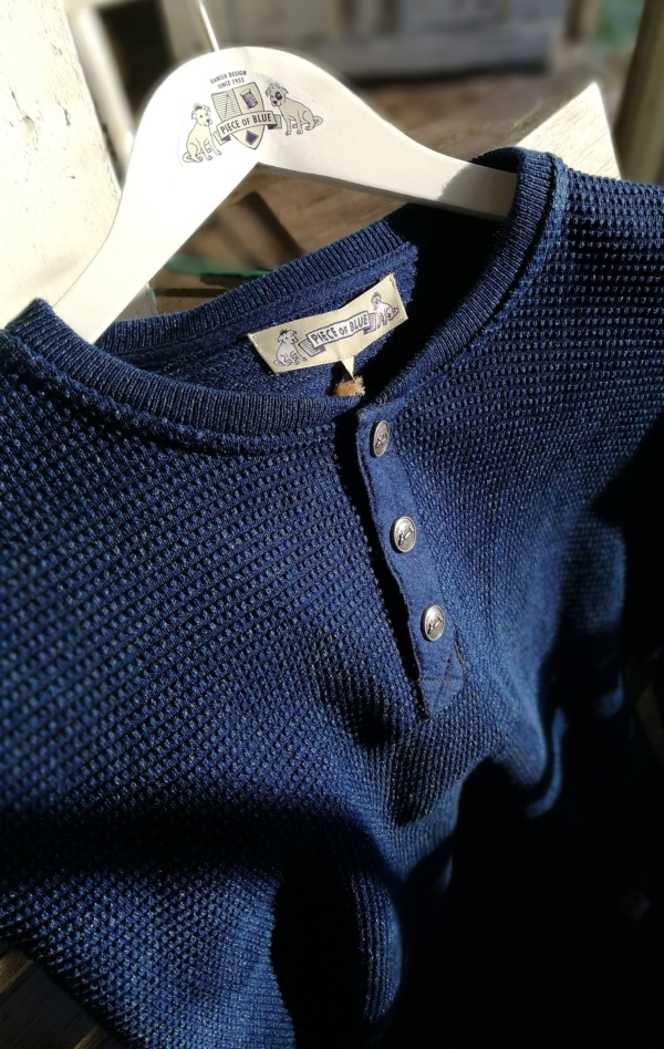 Indigo Blue Cotton Pullover with Buttons for Men from Piece of Blue. Close up.
